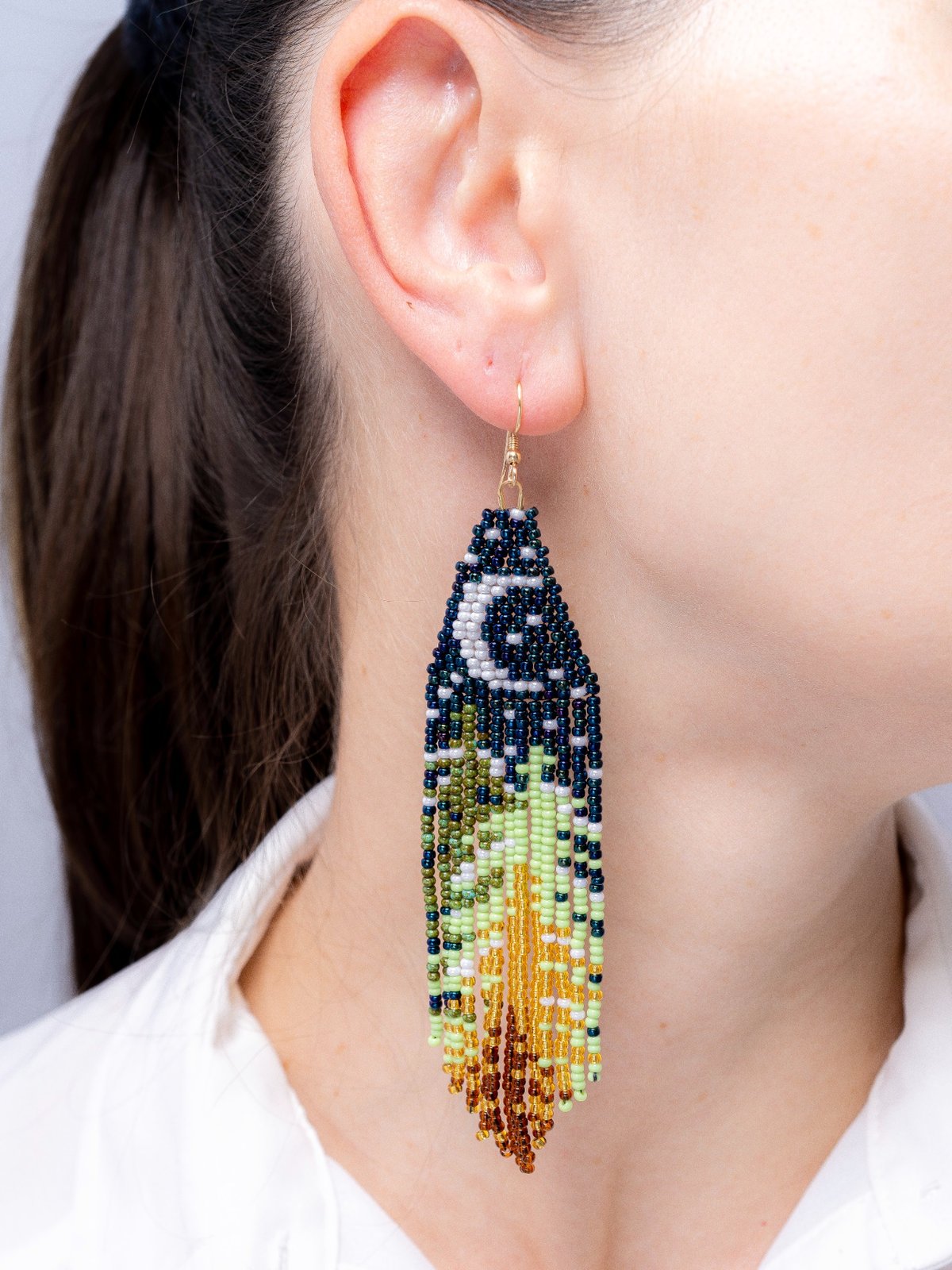 Christmas Tree Moon Earrings Pattern | Brick Stitch Beading PDF, Navy Blue Fringe Bohemian Jewelry