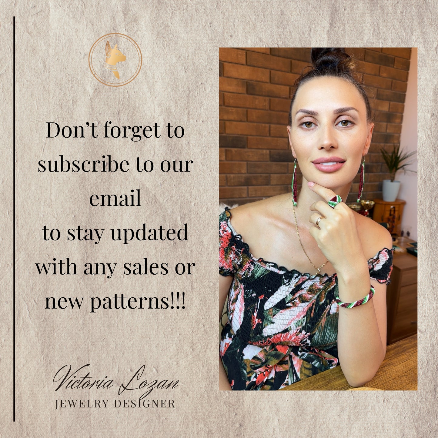 Woman wearing jewelry with a remainding message on a textured beige background