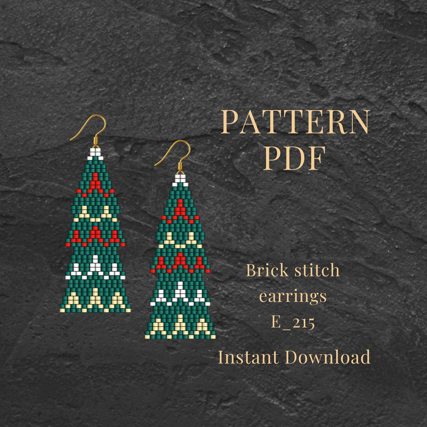 Christmas treeBrick stitch earrings on a dark textured background with text about a pattern PDF.