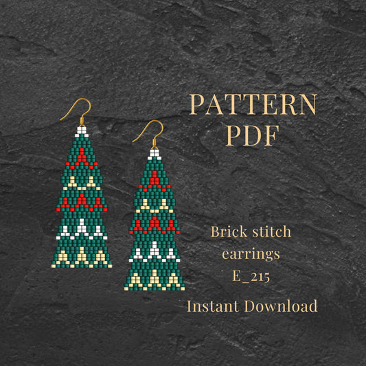 Christmas treeBrick stitch earrings on a dark textured background with text about a pattern PDF.