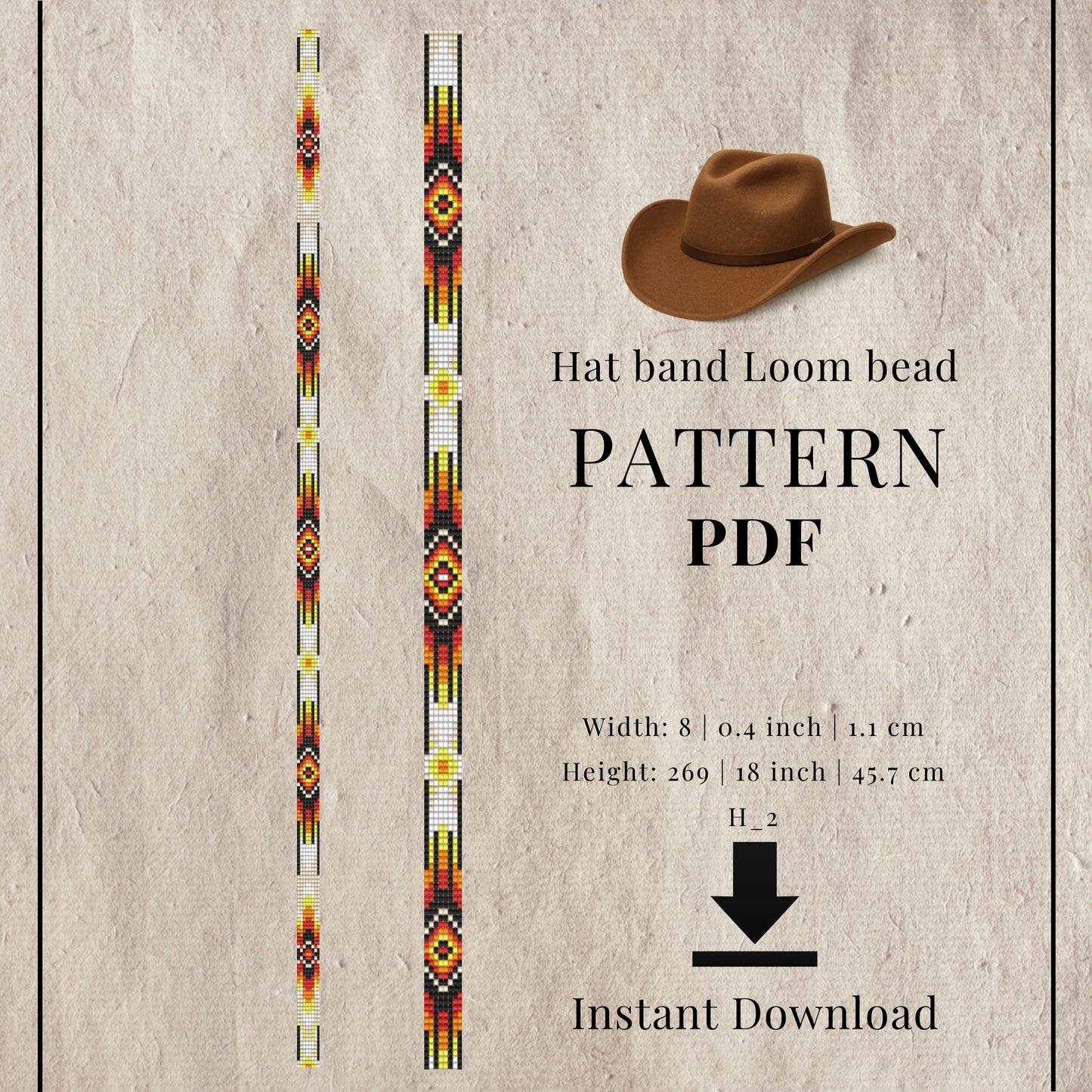 Hat band loom bead pattern PDF with two loom beads and a cowboy hat on a textured background.