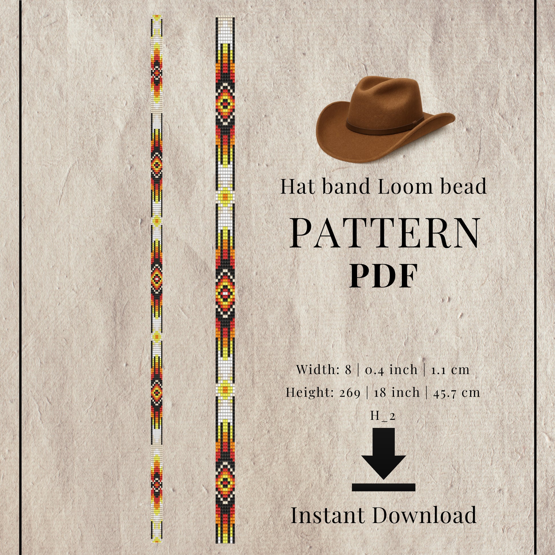 Hat band loom bead pattern PDF with two loom beads and a cowboy hat on a textured background.