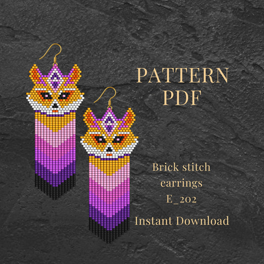 Beaded fox earrings with gradient design on a dark textured background, accompanied by text for pattern PDF and instant download.