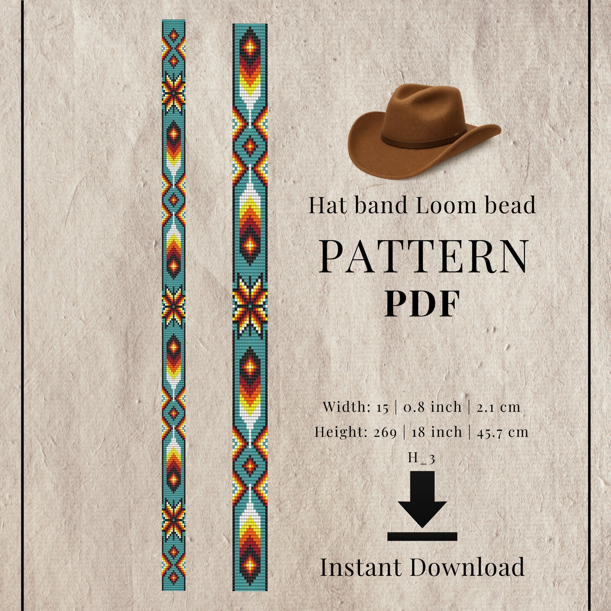Hat band loom bead pattern PDF with a cowboy hat illustration on a textured background