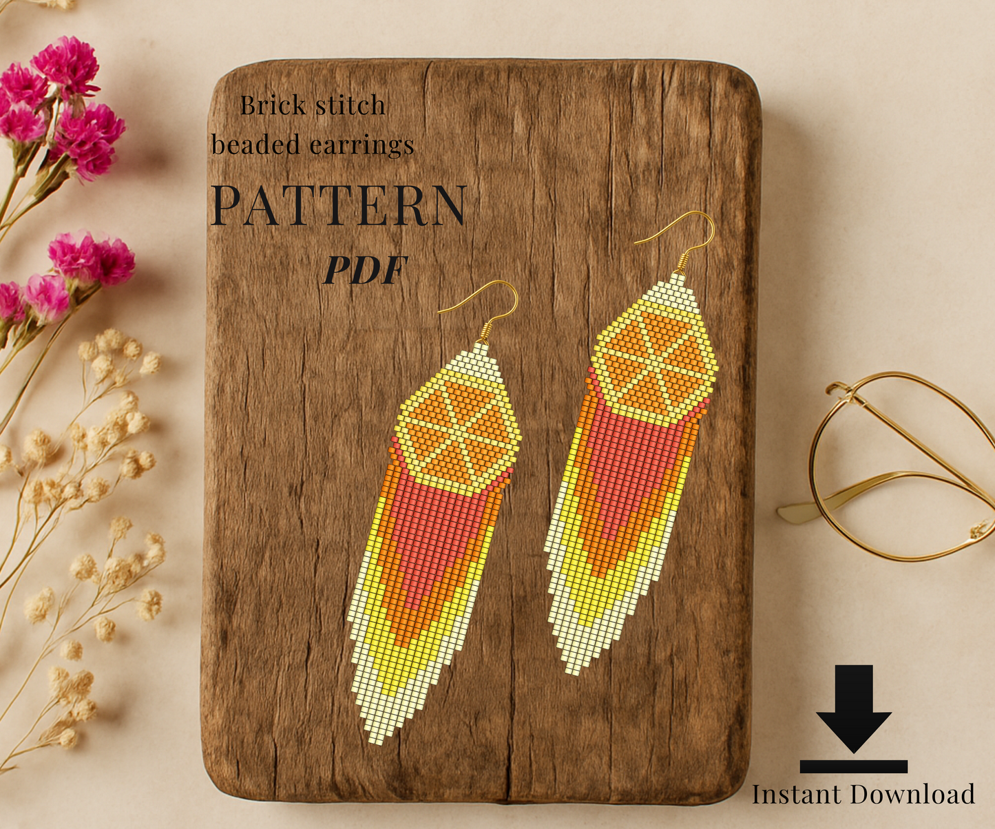beaded Brick stitch orange earrings pattern PDF 