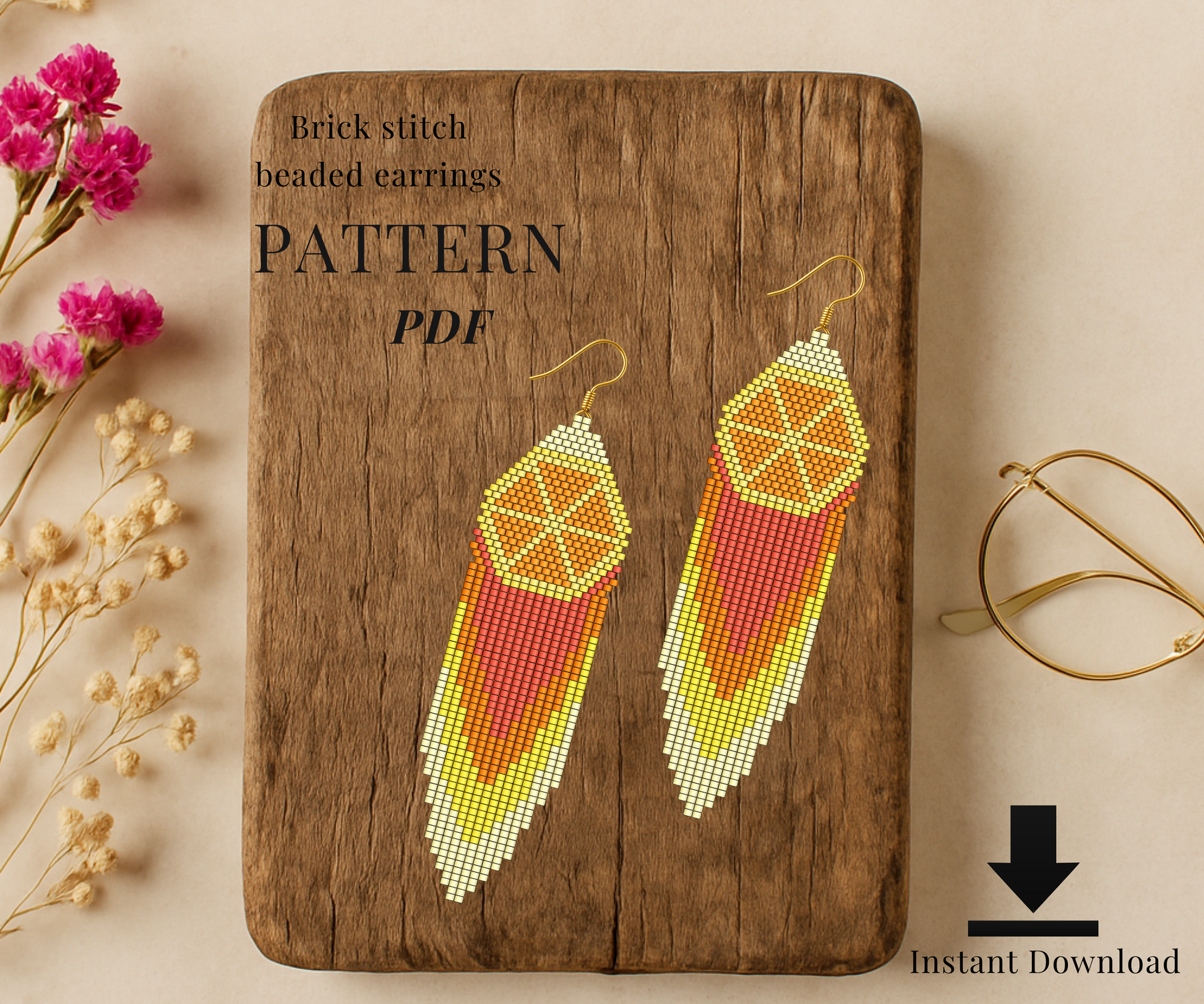 beaded Brick stitch orange earrings pattern PDF 