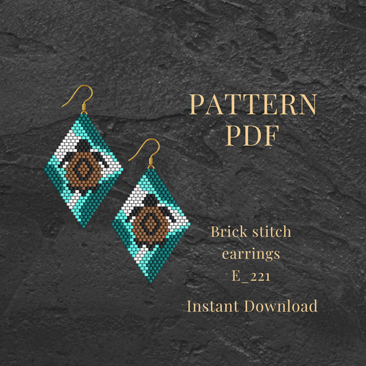 beaded turtle earrings pattern,Brick stitch earrings on a dark textured background with 'Pattern PDF' text.