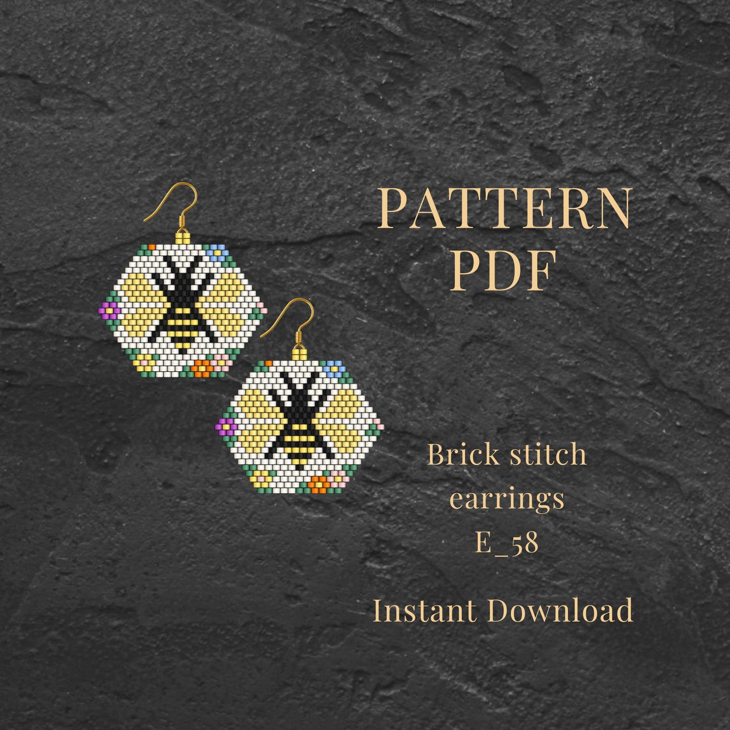 Brick stitch earrings pattern with bee design 
