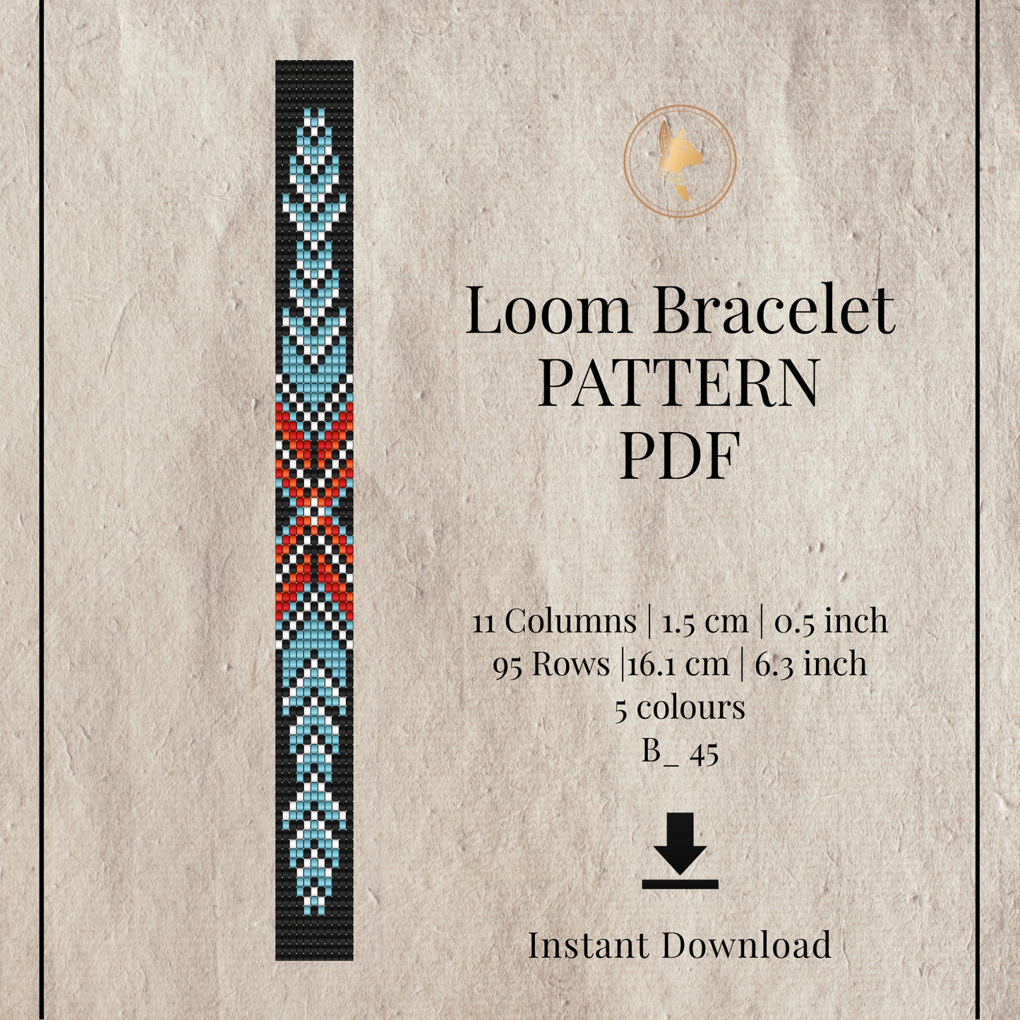 Loom bracelet pattern PDF with a colorful bracelet design on a textured beige background.