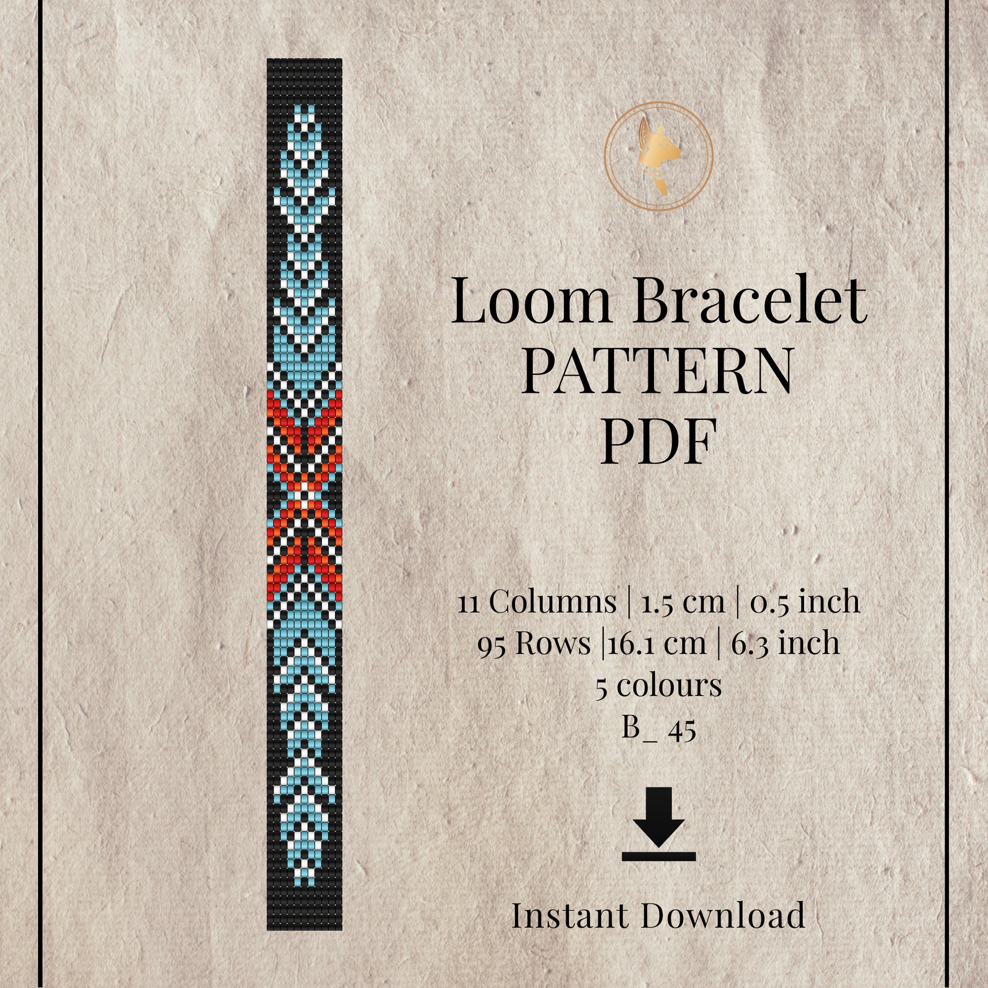 Loom bracelet pattern PDF with a colorful bracelet design on a textured beige background.