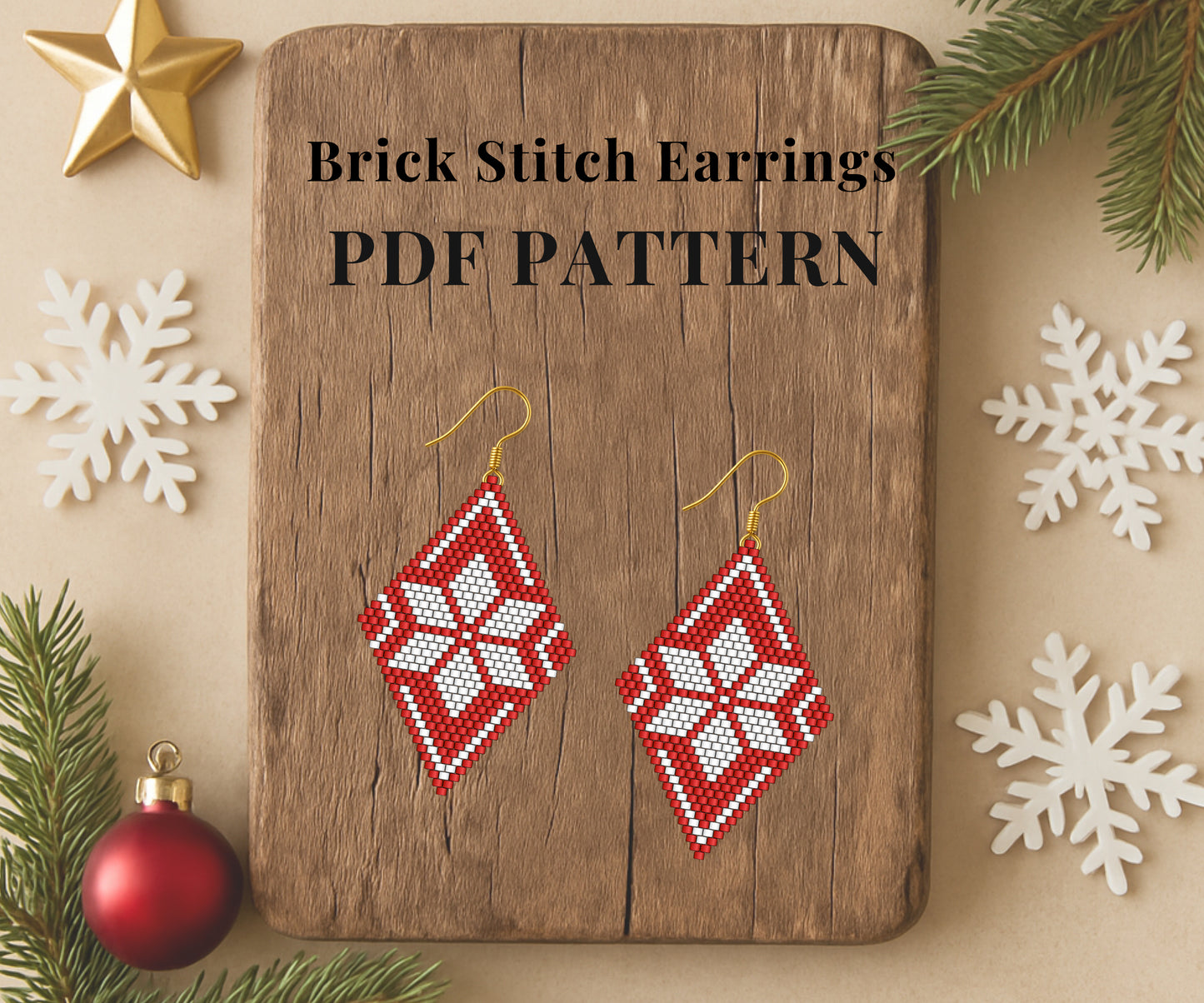 Christmas Snowflake Earrings Pattern PDF – DIY Brick Stitch Beading for Miyuki Delica