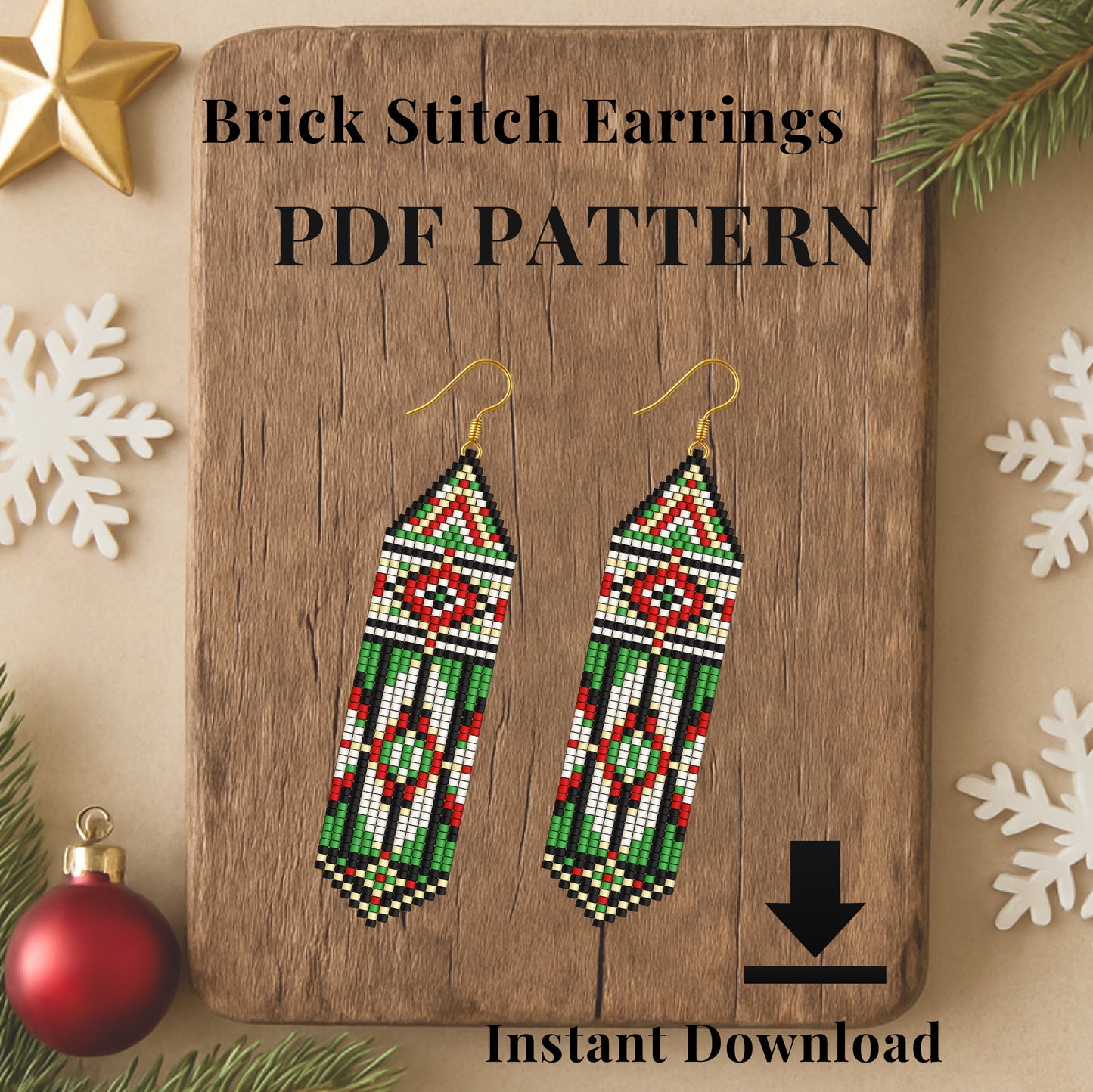 Brick Stitch Earrings PDF Pattern with decorative elements on a wooden board