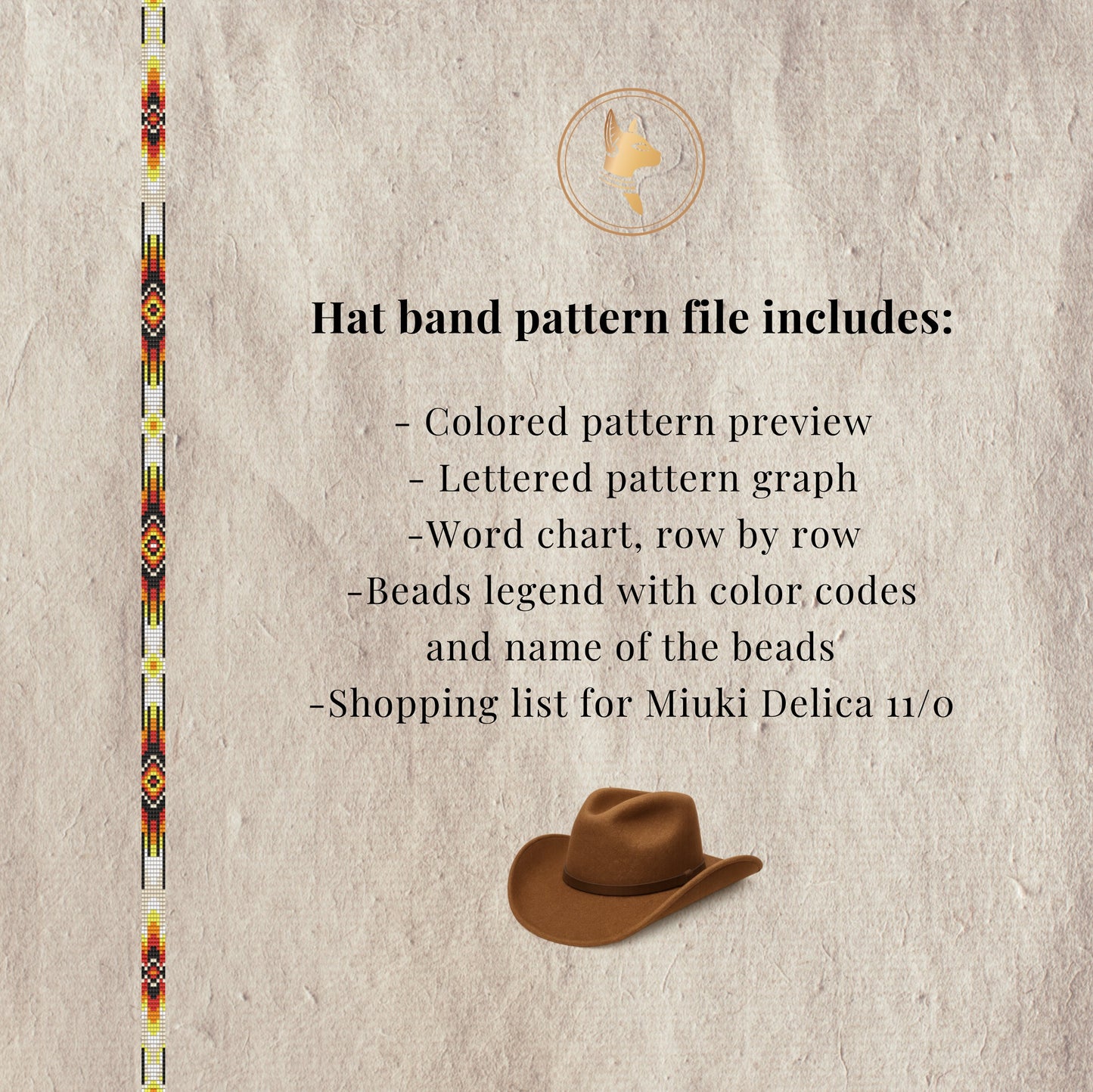 Text about a hat band pattern file with a cowboy hat and bead pattern on a textured background.