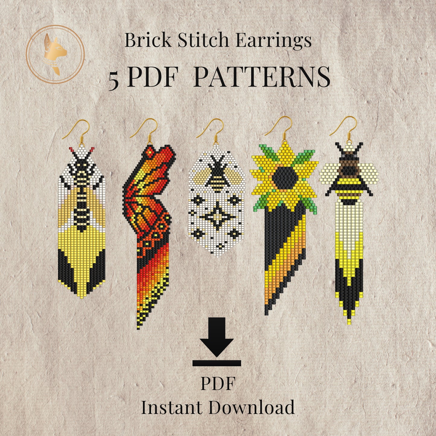 Brick stitch earrings with five PDF patterns on a textured beige background