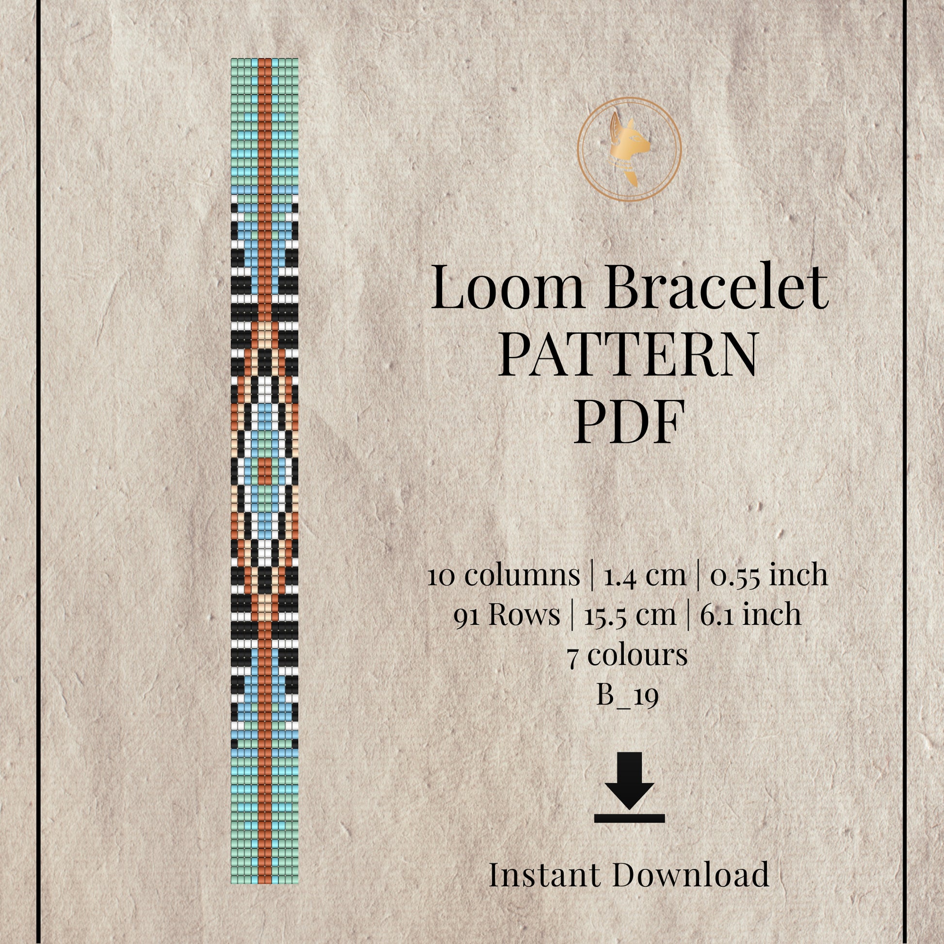 Evi Eye Loom bracelet pattern PDF with a colorful bracelet design on a textured beige background.