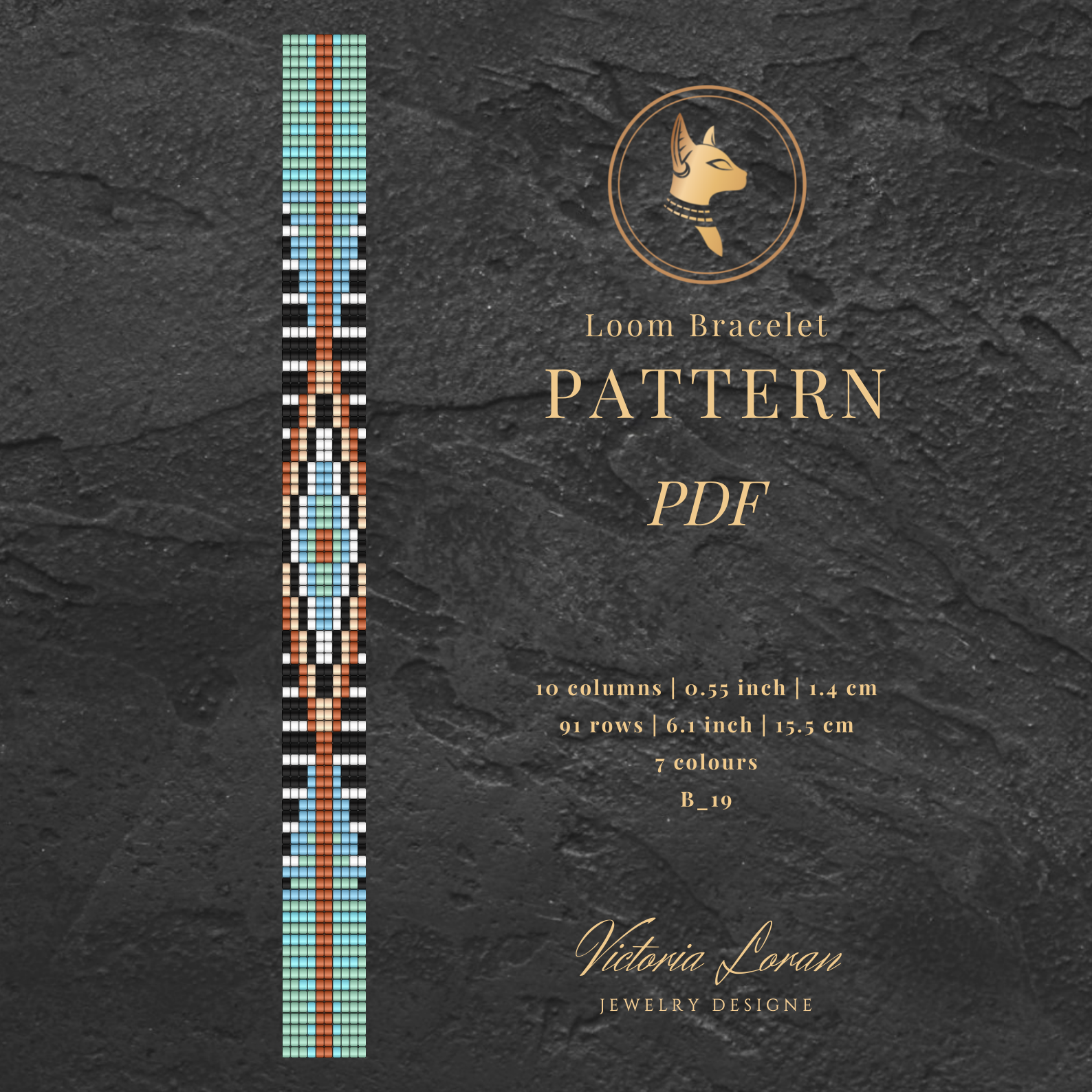 Evil eye Loom bracelet pattern PDF with design and branding on a dark background