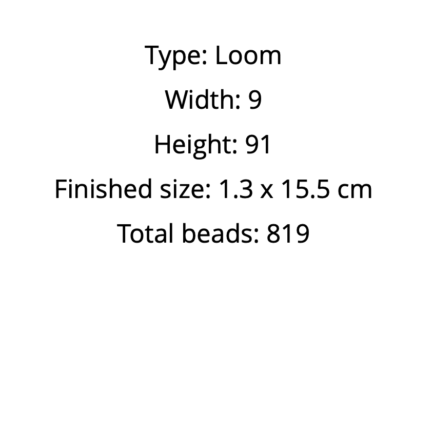 Text displaying details about a loom with dimensions and bead count on a white background