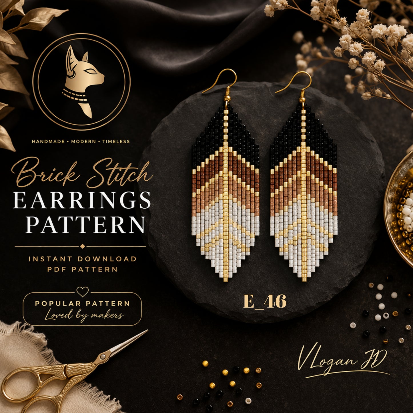 Brick stitch earrings pattern with gold, black, and white beads on a dark surface.