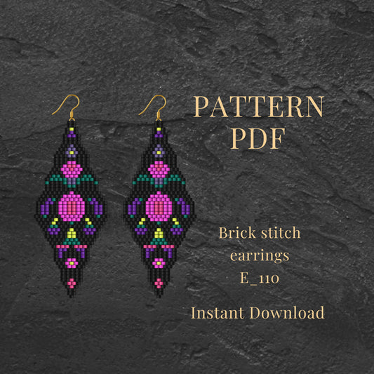  floral pink Brick stitch earrings with a pattern PDF on a dark textured background