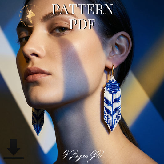 Spring Floral Brick Stitch Earrings Pattern PDF | Blue Boho Seed Bead Earrings | Miyuki Delica 11/0 | Instant Download