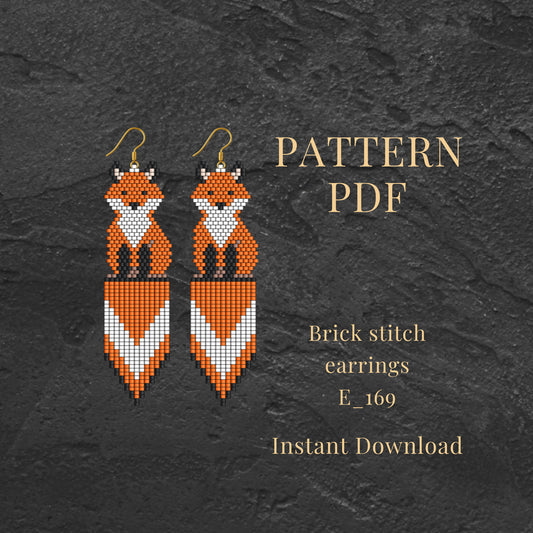 Brick stitch earrings with fox design on a dark textured background, featuring text about a pattern PDF.