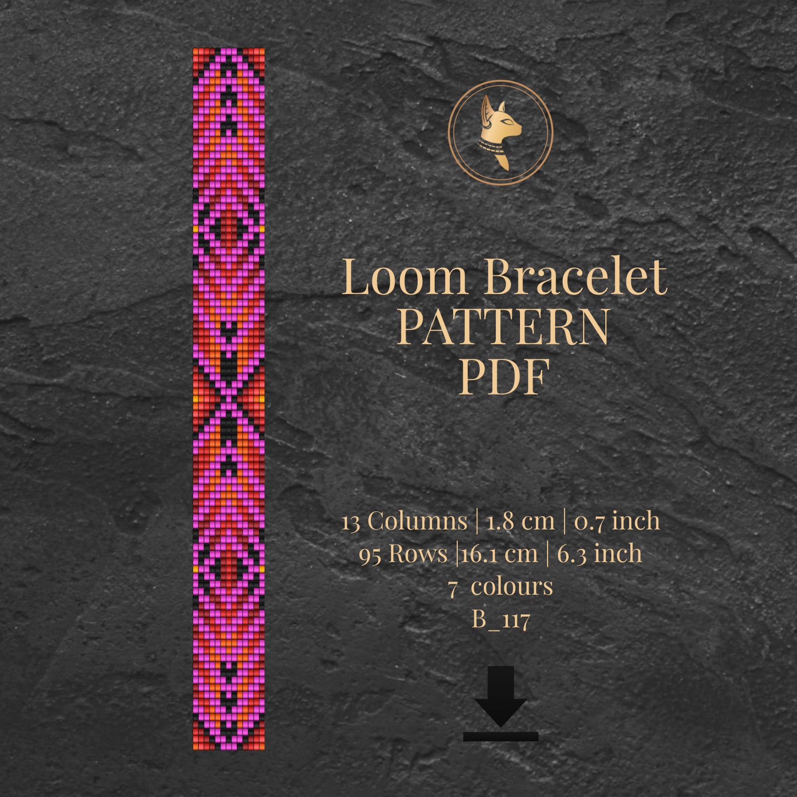Fuchsia Art Deco Loom Bracelet Pattern  PDF with colorful design on a dark textured background