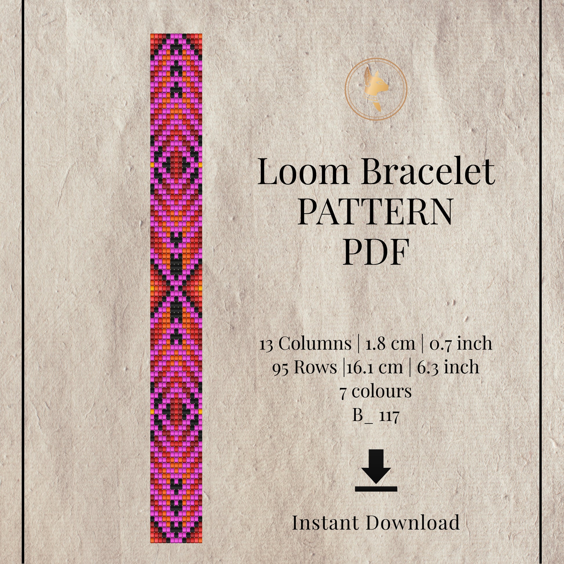 Fuchsia Art Deco Loom Bracelet  pattern PDF with a colorful bracelet design on a textured beige background.