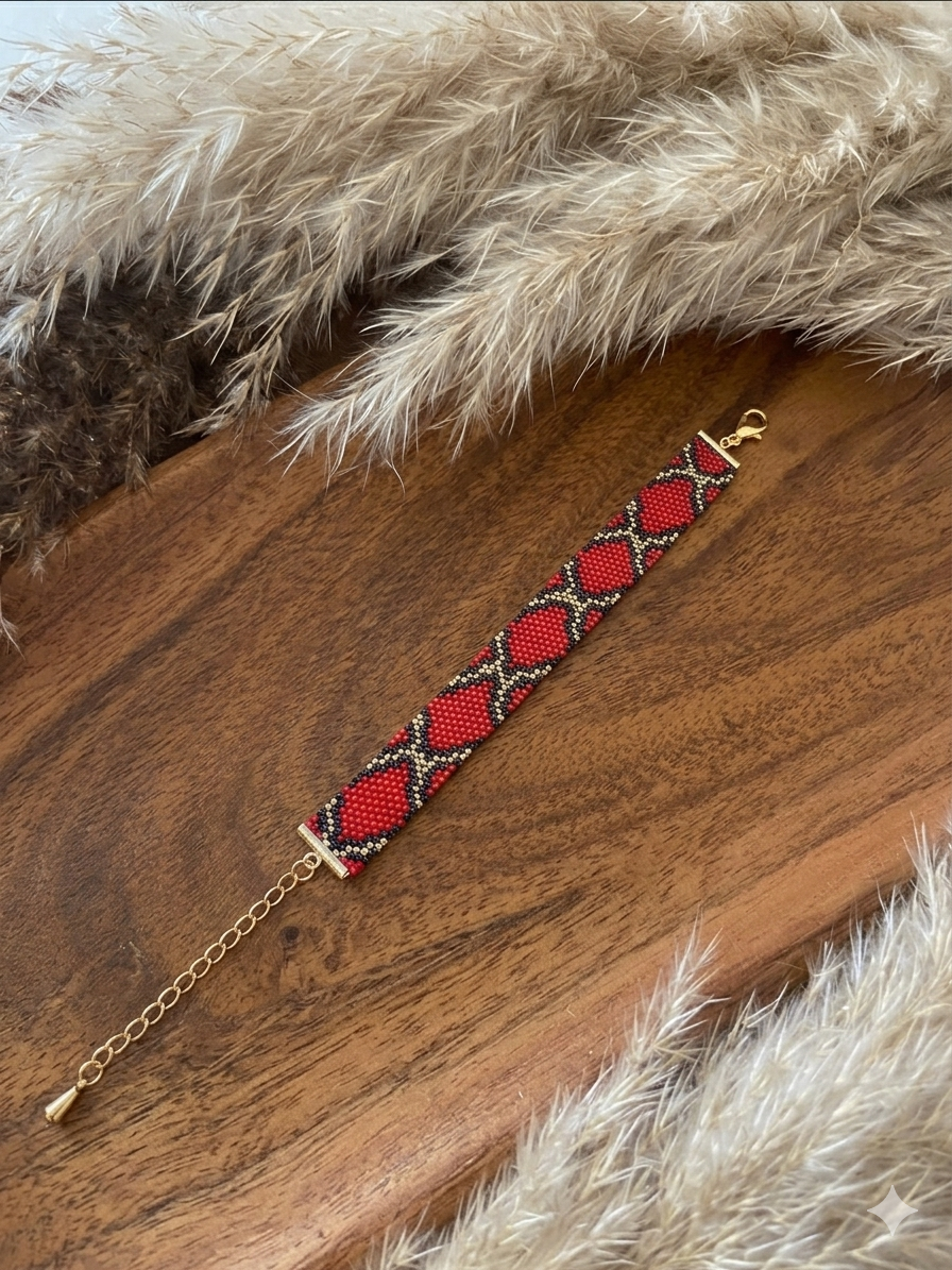Red snake skin beaded bracelet Miyuki Delica with 24 K gold beads.