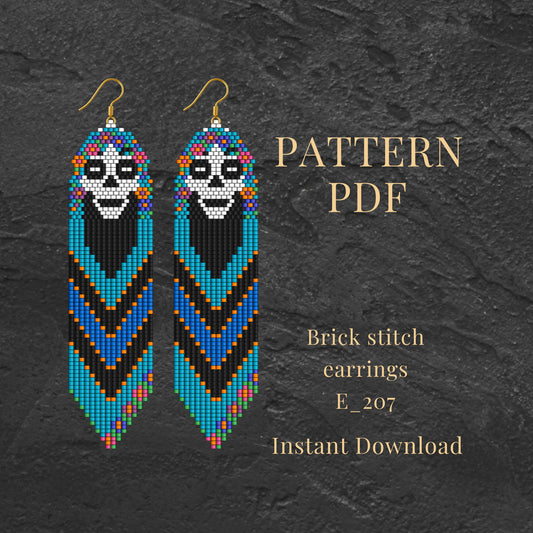 skull Brick stitch earrings with colorful patterns on a dark background, featuring text about a pattern PDF.