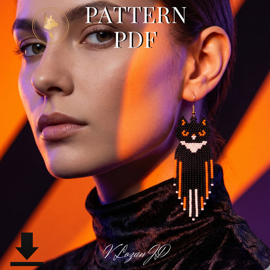 Black Angry Cat Halloween Earrings Pattern – Brick Stitch with Fringe PDF Tutorial
