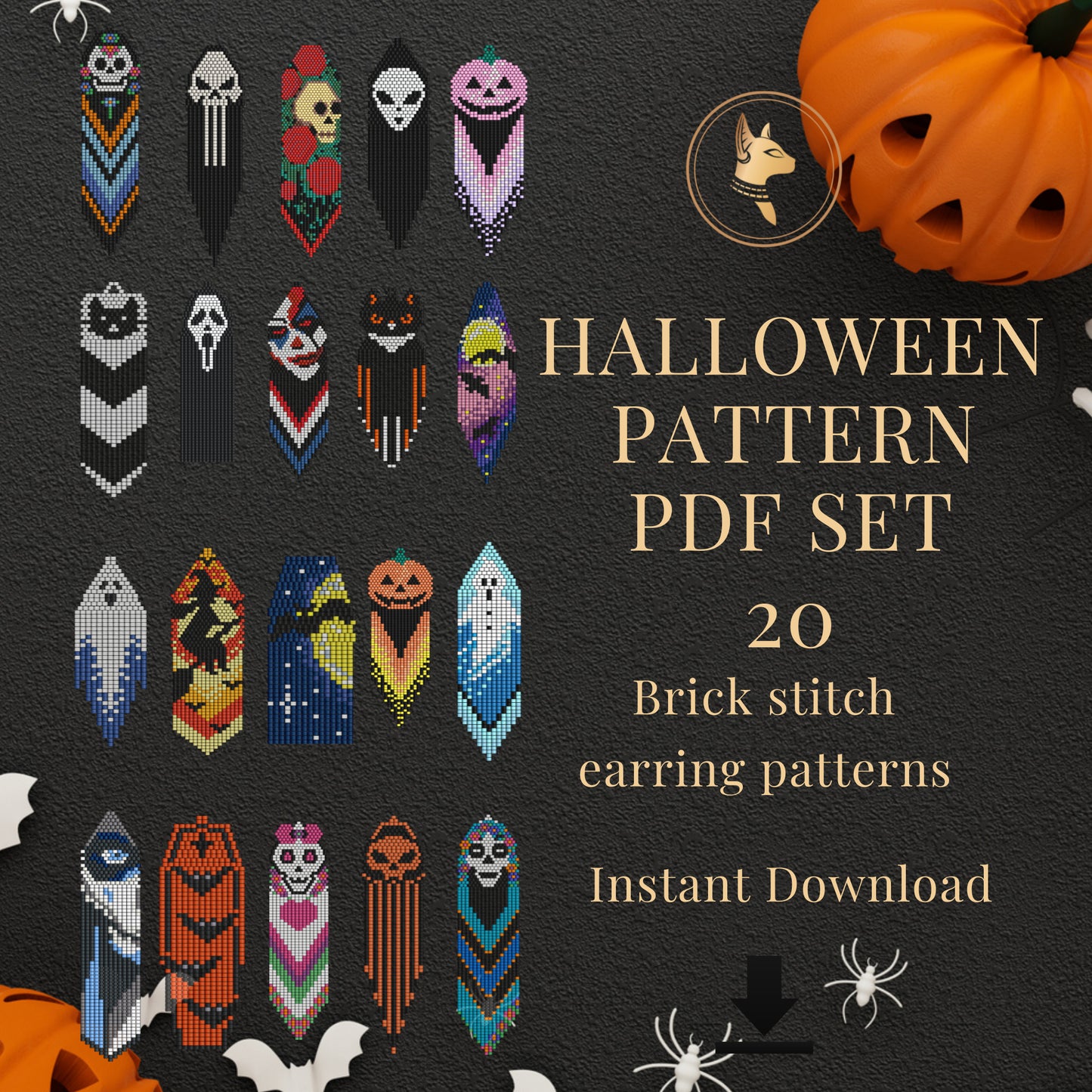 20 Halloween Earring Patterns PDF Brick Stitch Seed Bead Ghost, Skeleton, Witch, Pumpkin Patterns PDF Bundle Beading Tutorial