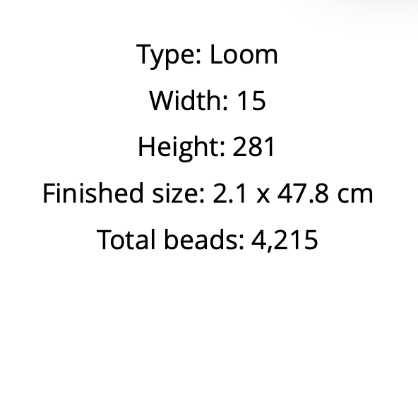  product specifications including type, width, height, finished size, and total beads 