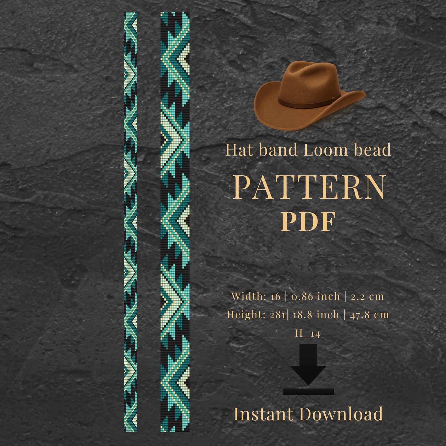 Hat band loom bead pattern PDF with teal and gold