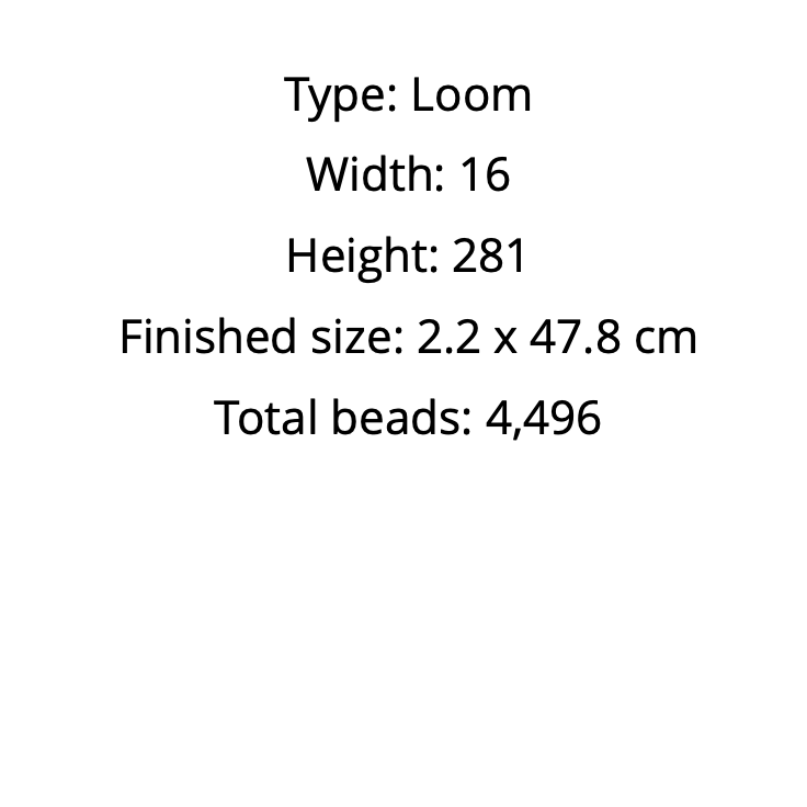 Text displaying details about a loom including width, height, finished size, and total beads 