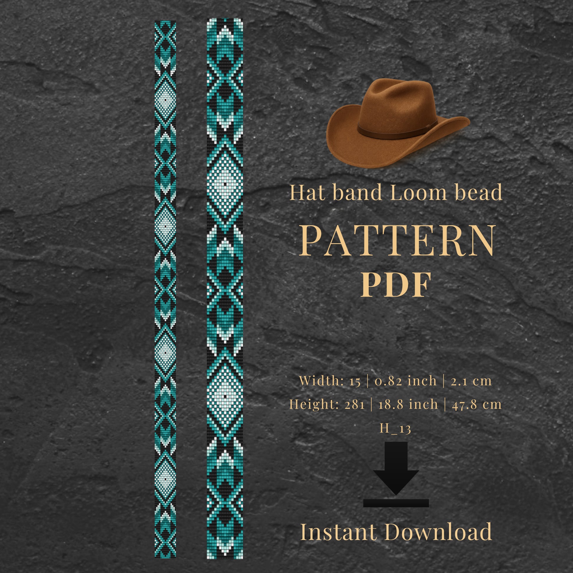 Hat band loom bead pattern PDF with teal and white design 