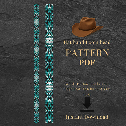 Hat band loom bead pattern PDF with teal and white design 