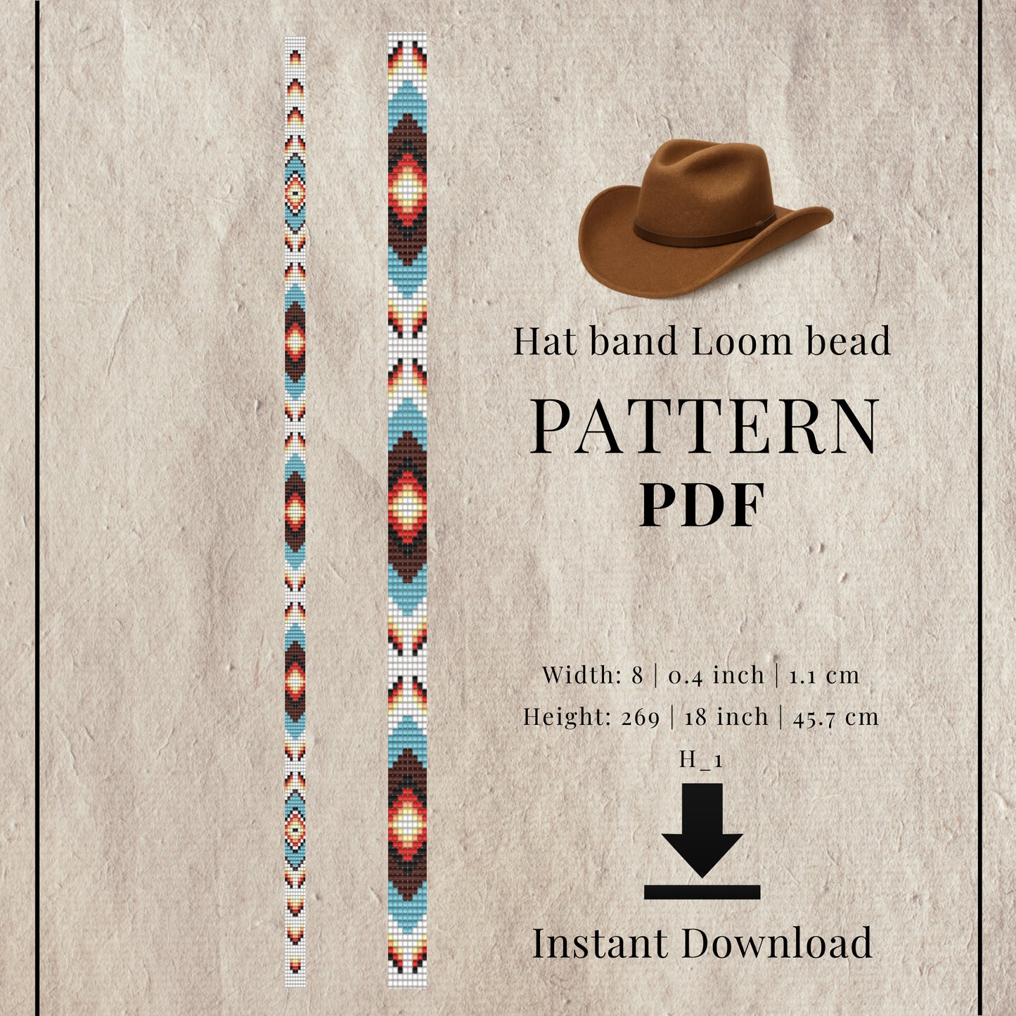 Hat band loom bead pattern PDF with a cowboy hat illustration on a textured background