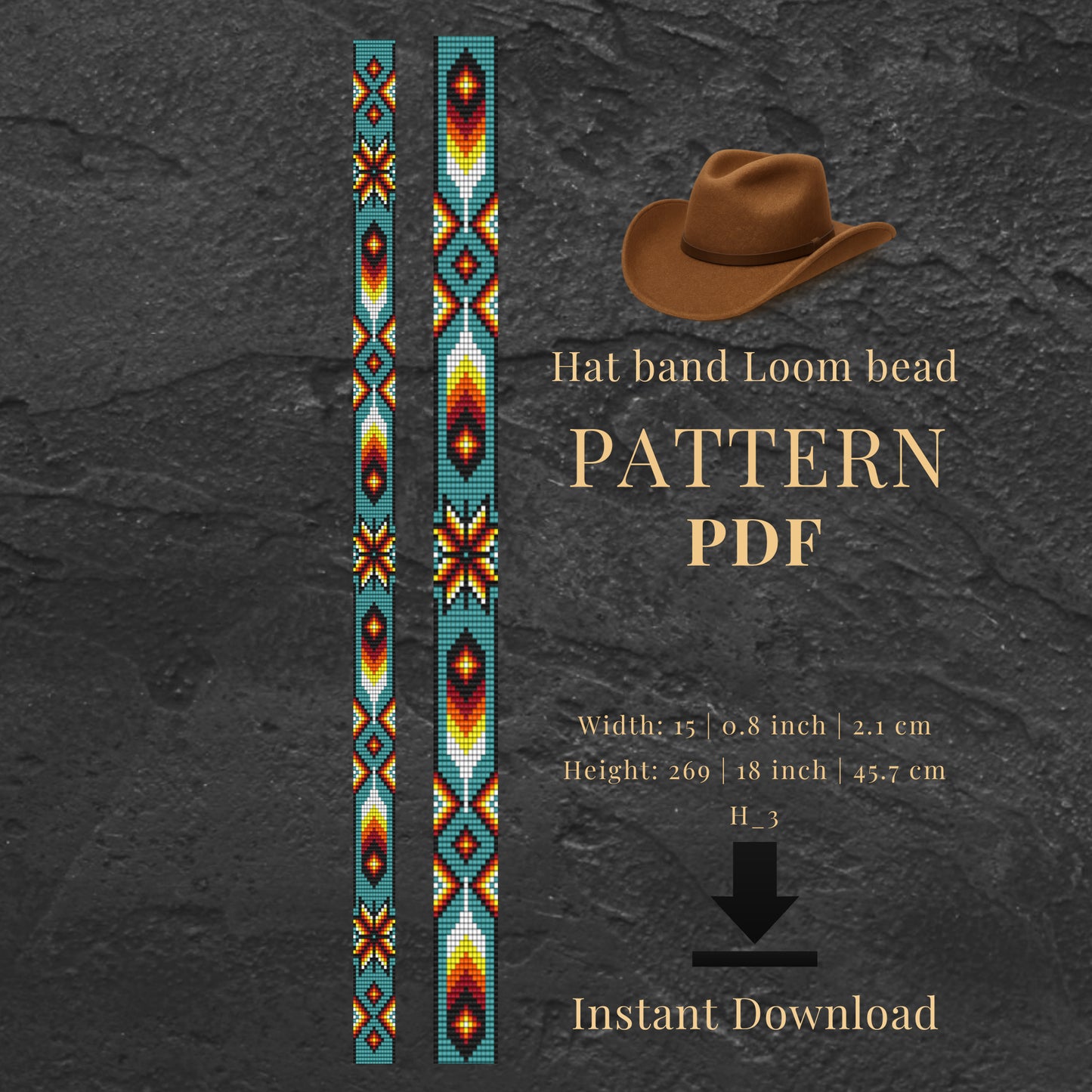 Hat band loom bead pattern PDF with a brown cowboy hat on a dark gray background