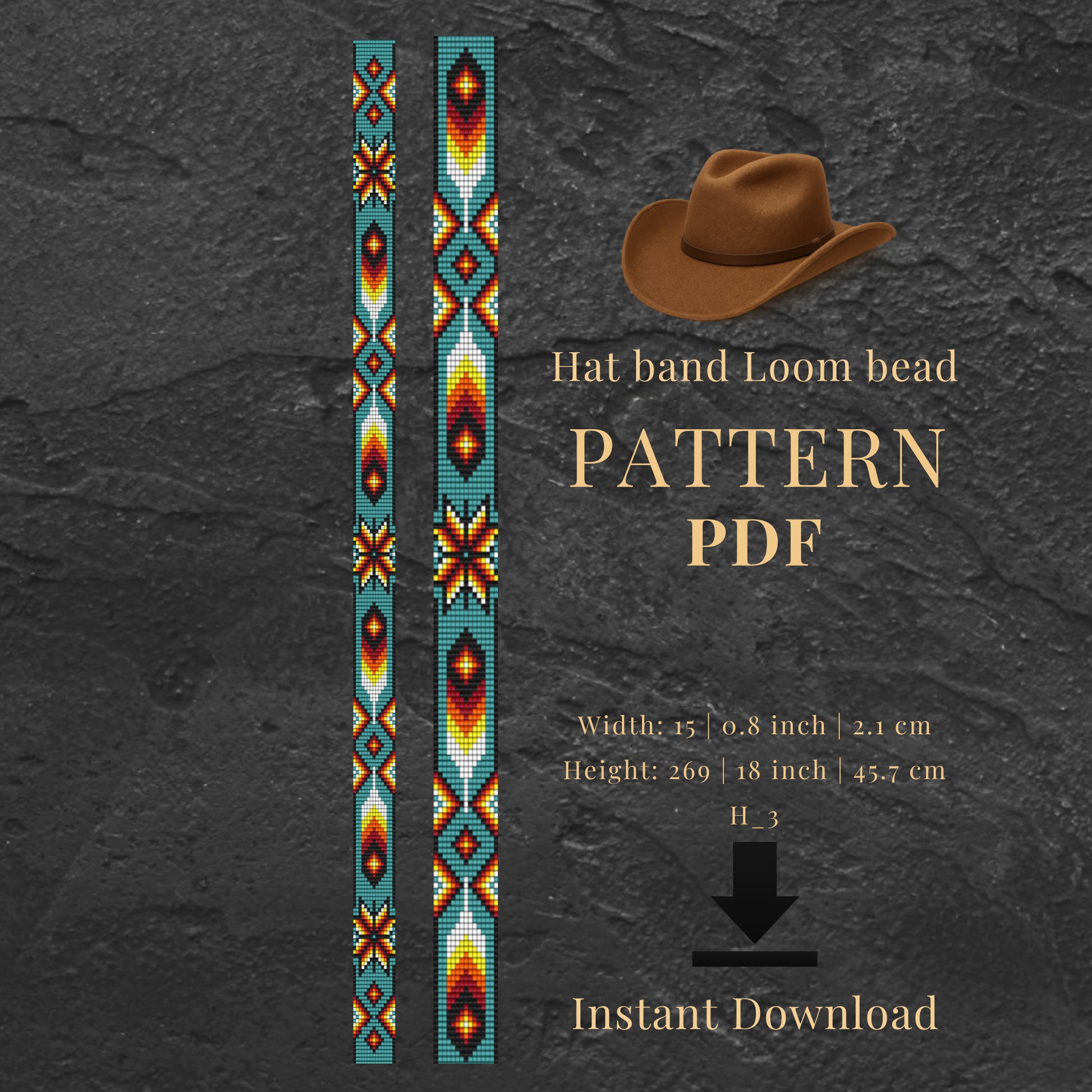Hat band loom bead pattern PDF with a brown cowboy hat on a dark gray background