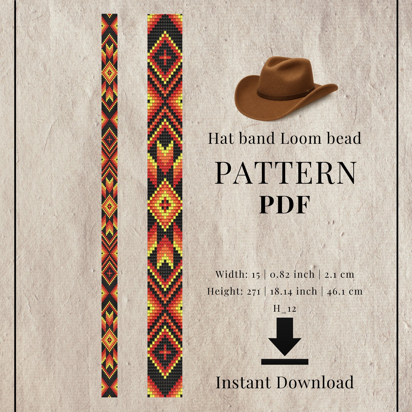 Loom beaded hat band pattern in western cowboy and cowgirl style, intermediate level PDF.