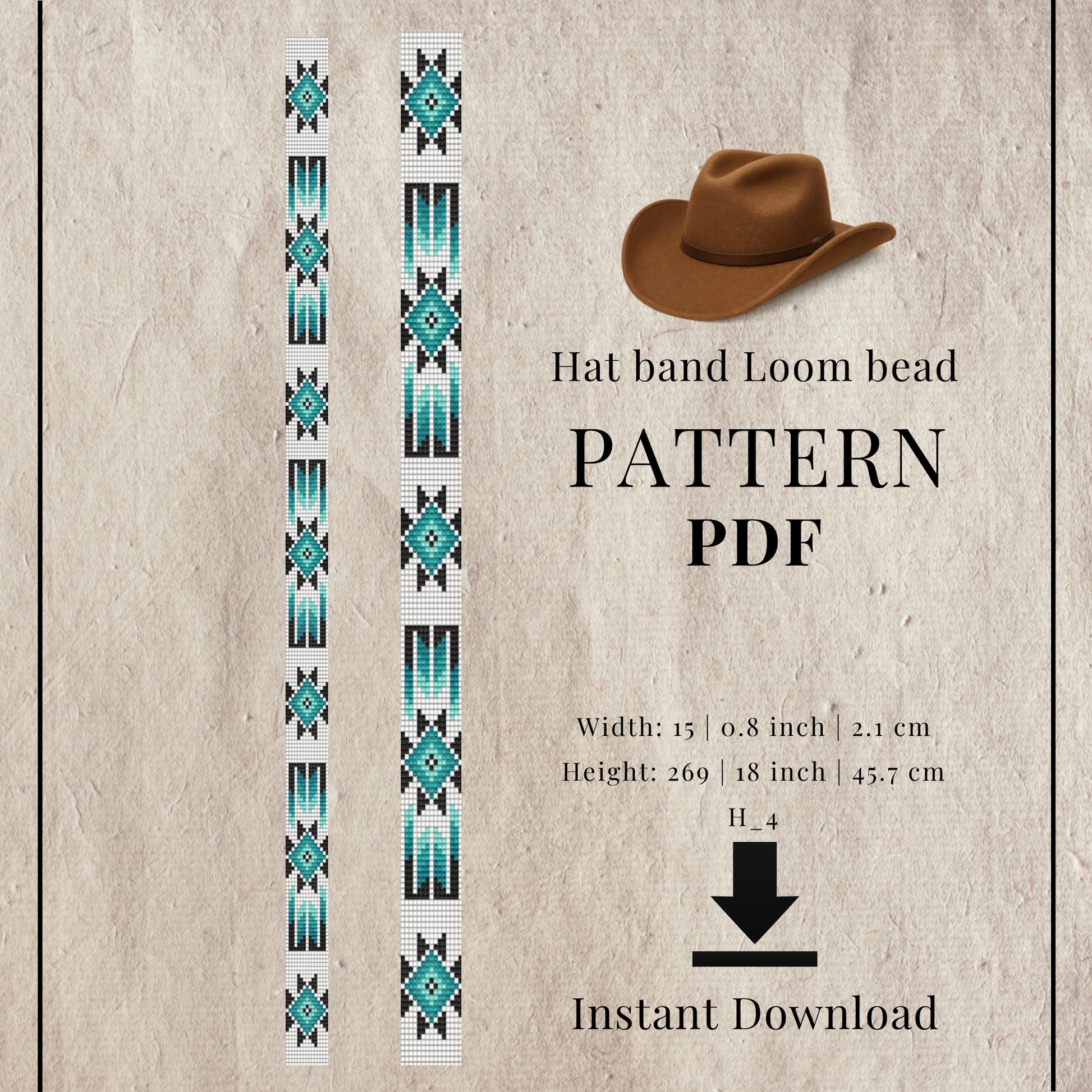 Hat band loom bead pattern PDF with a cowboy hat illustration on a textured beige background.