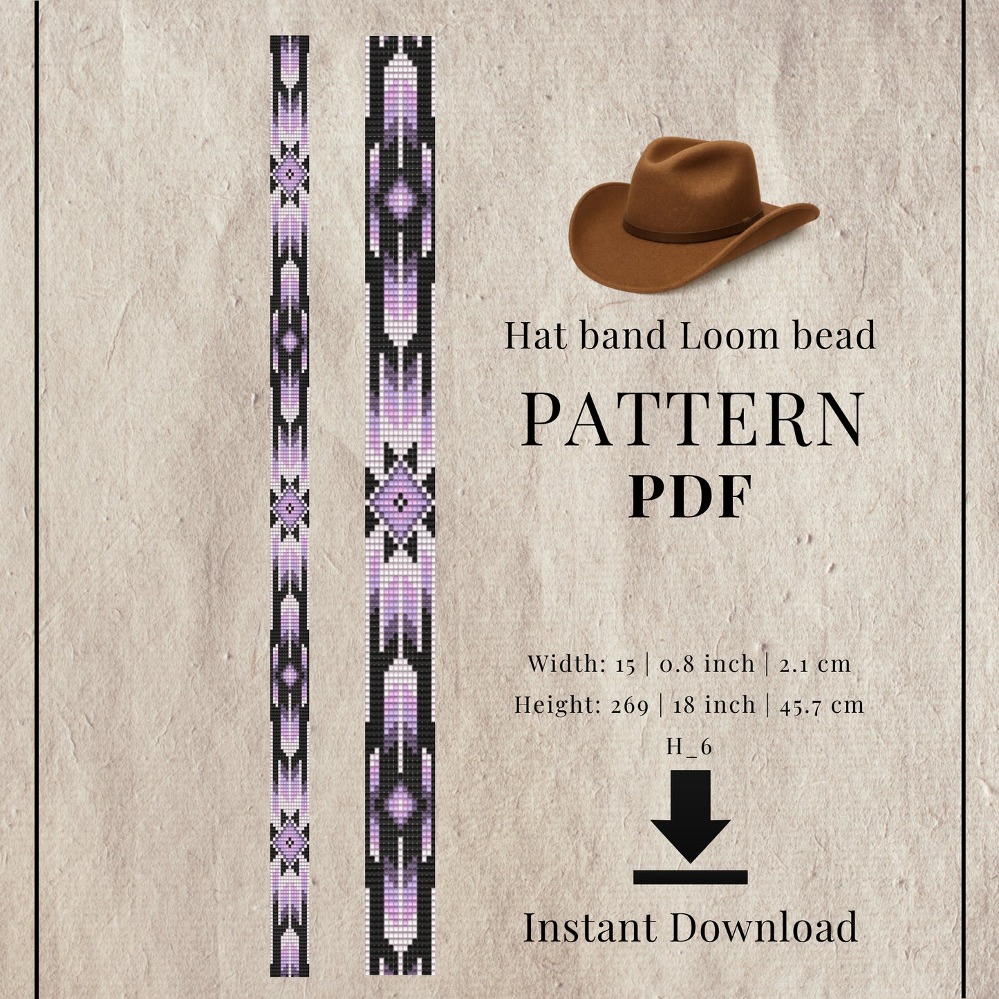 Hat band loom bead pattern PDF with a brown cowboy hat on a textured beige background