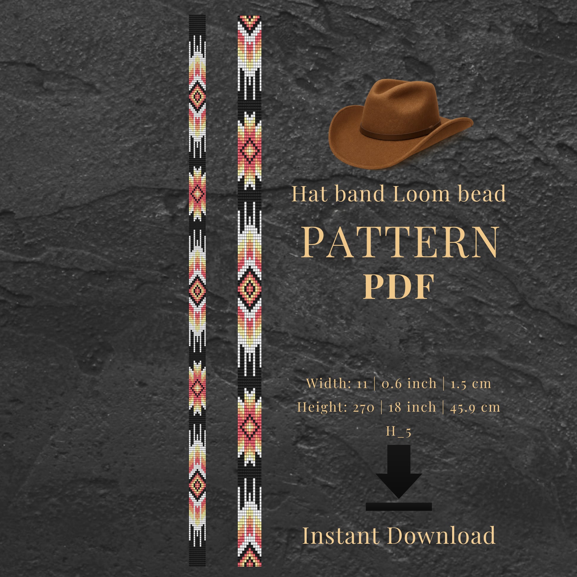 Hat band loom bead pattern PDF with a brown cowboy hat on a dark gray background