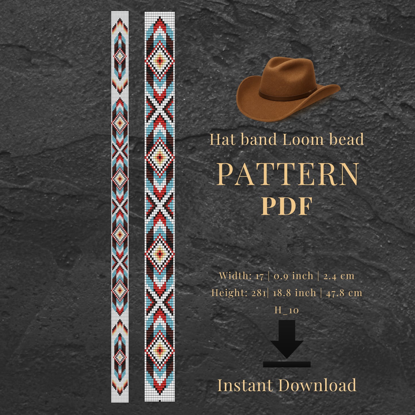 Hat band loom bead pattern PDF with a brown cowboy hat on a dark gray background