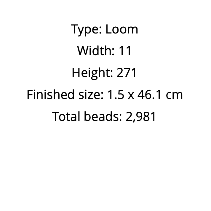 Text displaying product specifications including type, width, height, finished size, and total beads