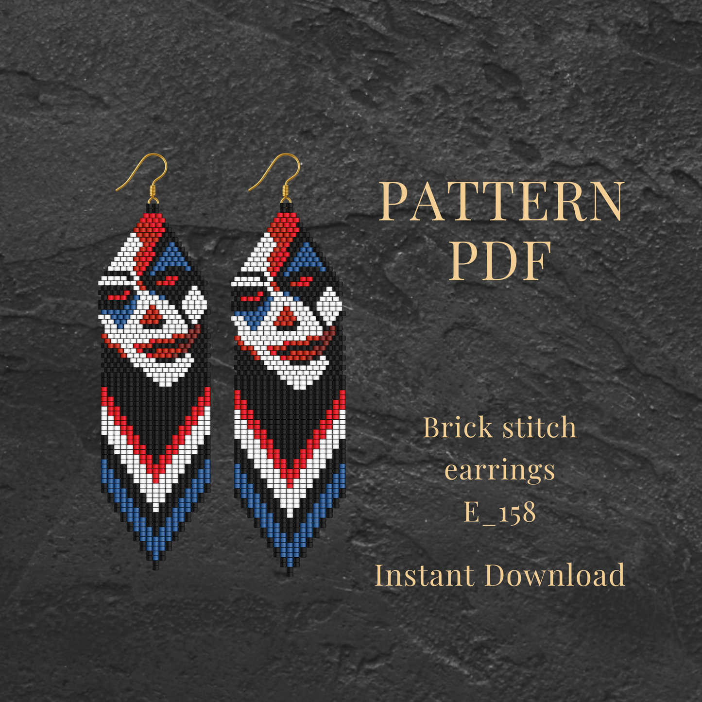 Joker Brick stitch earrings with pattern PDF on a dark textured background