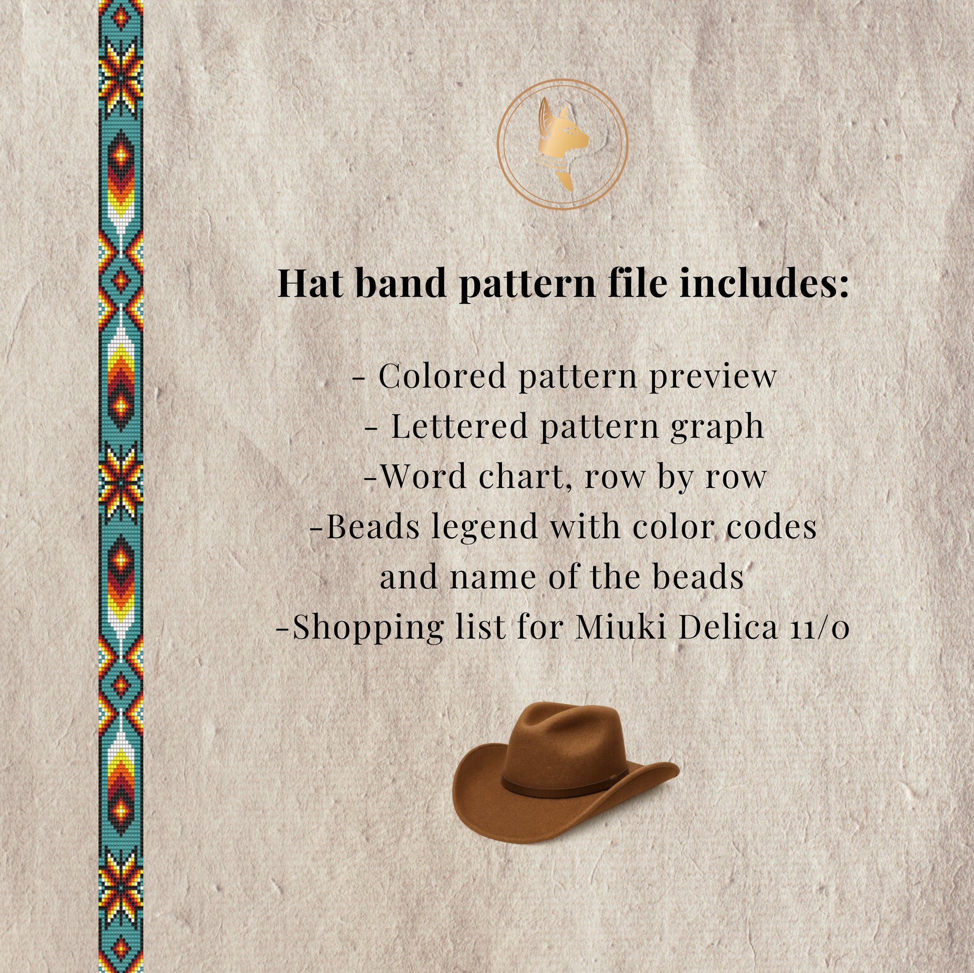 Text about a hat band pattern file with a cowboy hat and decorative border on a textured background.