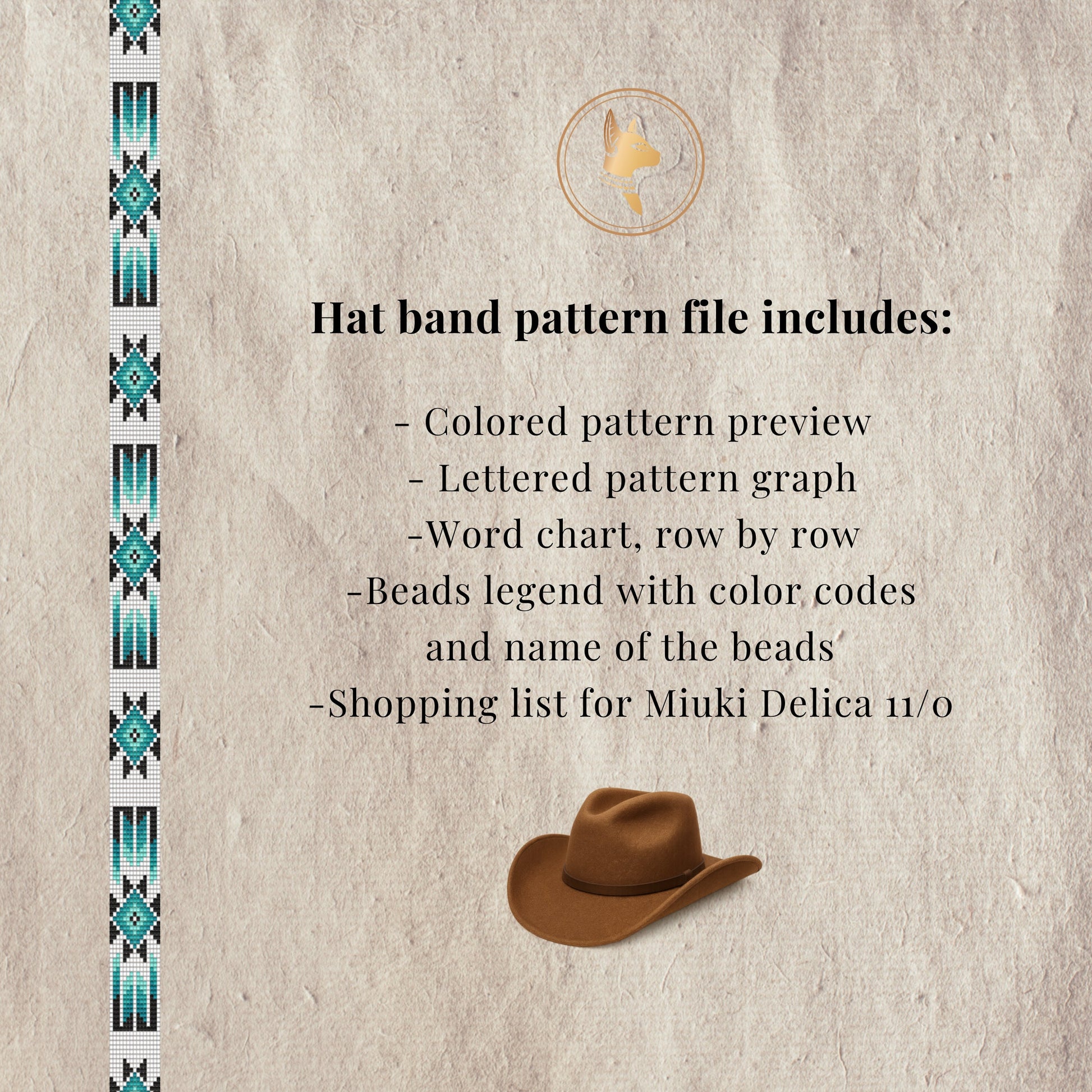Textile pattern for a hat band with a brown cowboy hat and bead legend on a textured beige background.