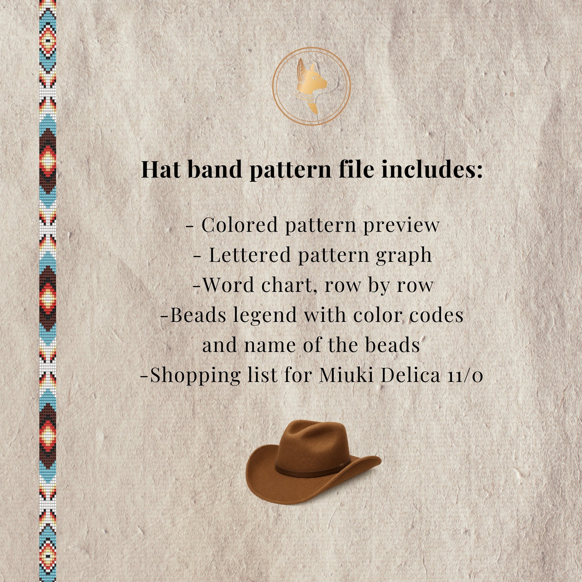 Text detailing contents of a hat band pattern file with a cowboy hat and pattern on a textured background.