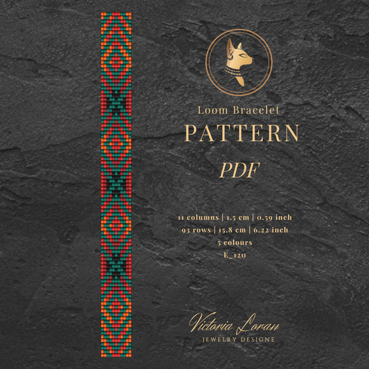 Narrow Loom bracelet pattern PDF on a dark textured background with jewelry design branding.
